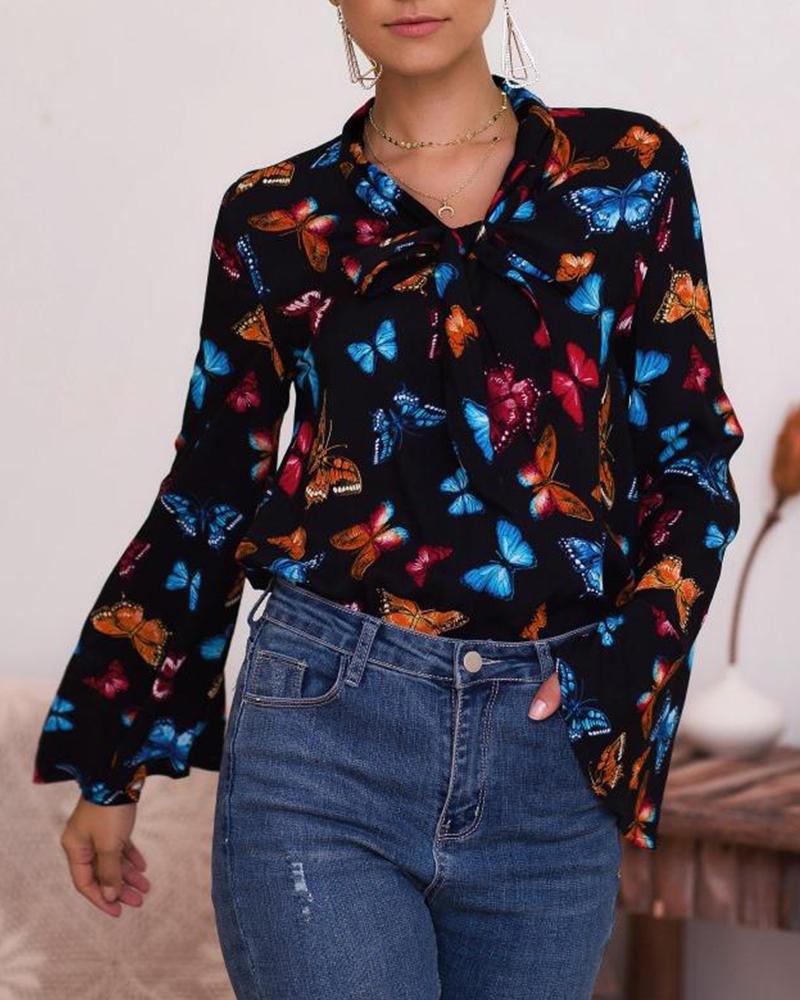 

Butterfly Print Bell Sleeve V Neck Knot Tops, Black