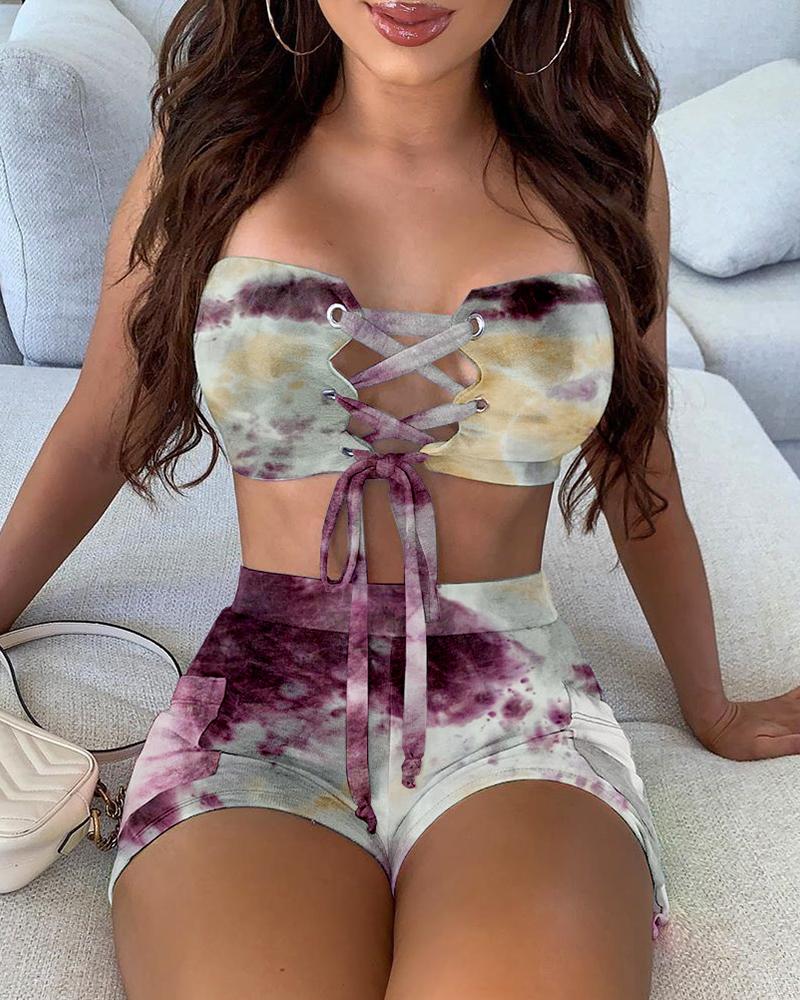 

Bandeau Tie Dye Print Eyelet Lace-up Top & Shorts Set, Purple