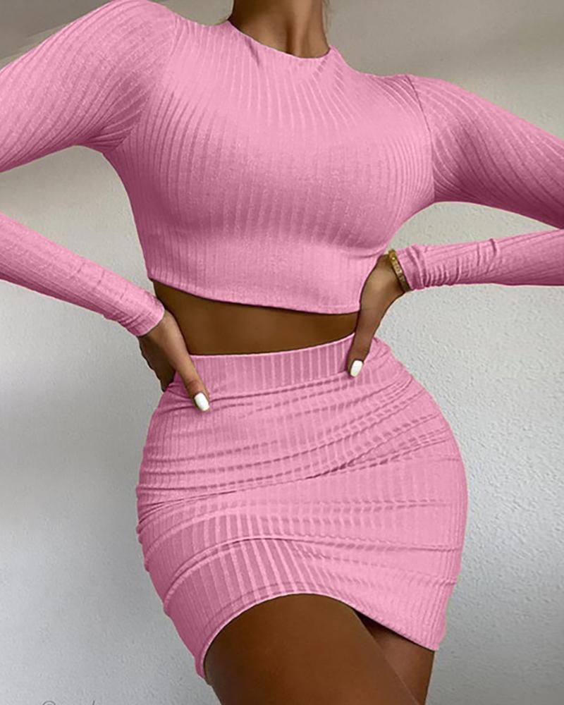 

Plain Long Sleeve Crop Top & High Waist Skirt Set, Pink