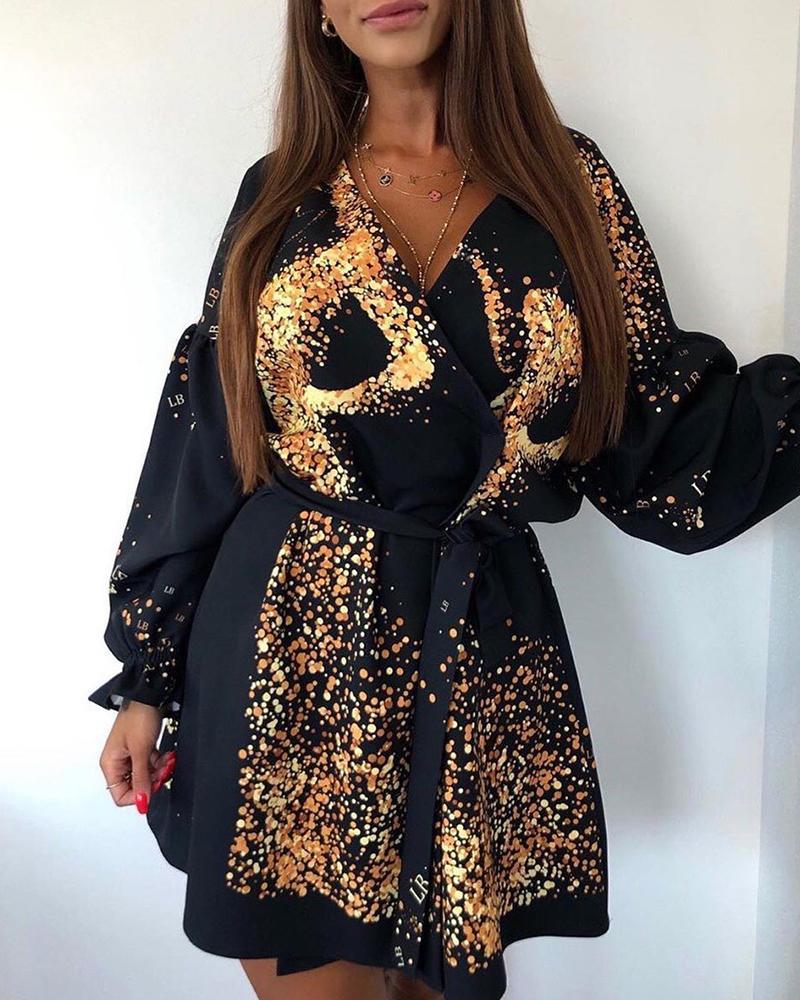 

Lantern Sleeve Tied Waist Wrap Dress, Black