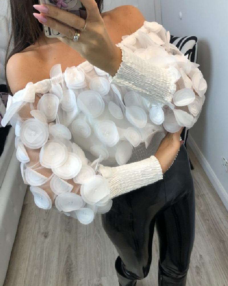 

Off Shoulder Mesh Smocked Hem Top