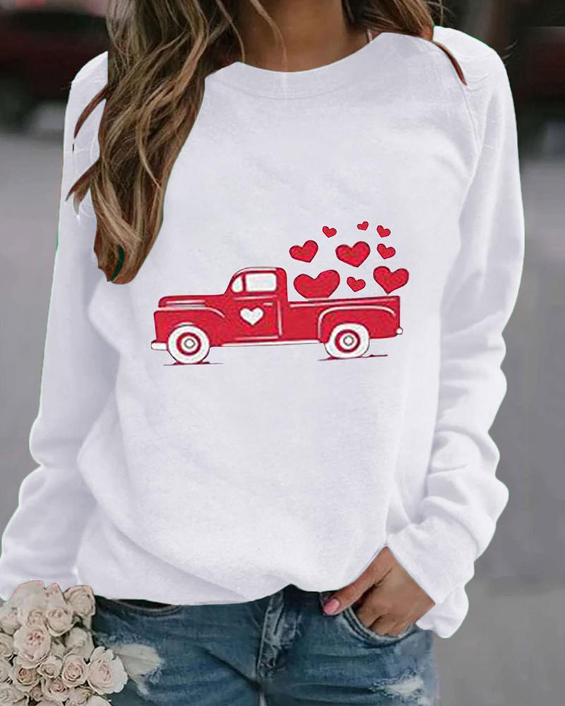 

Car Heart Print Casual Long Sleeve Sweatshirt, White