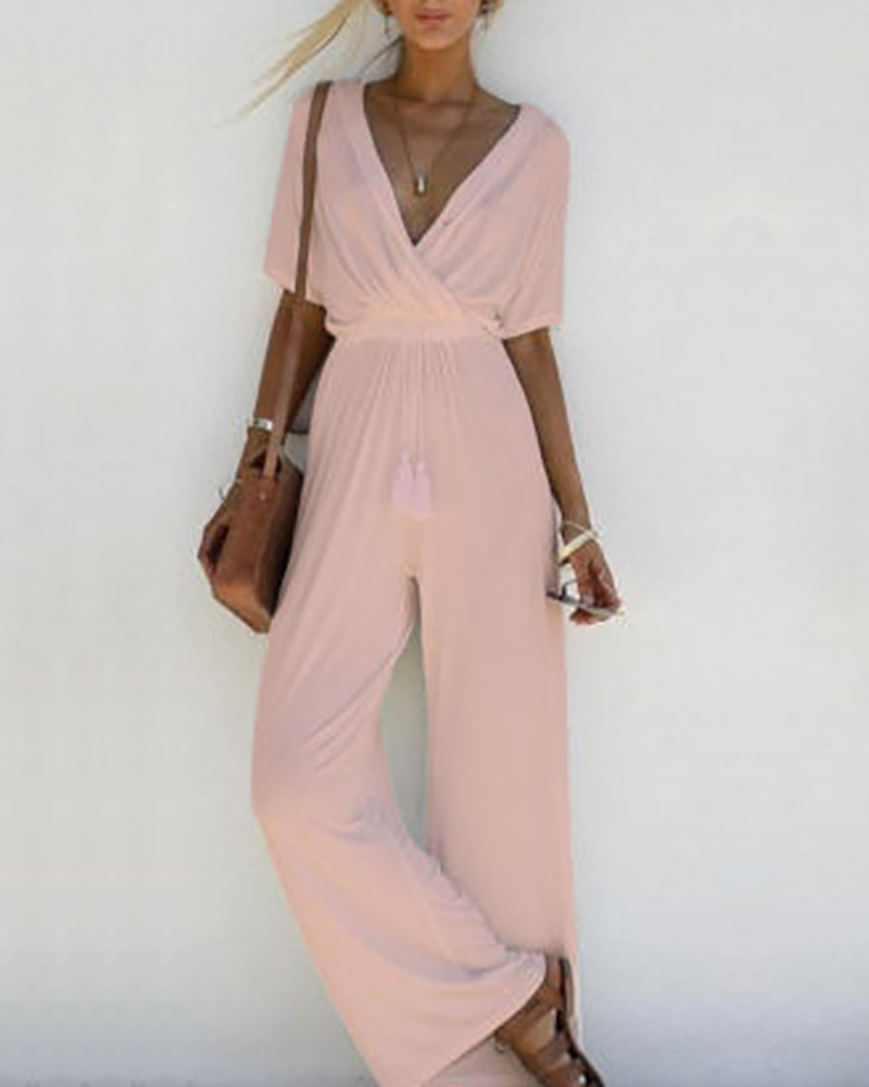 

Deep V Short Sleeve Tie Waist Jumpsuit, Pink