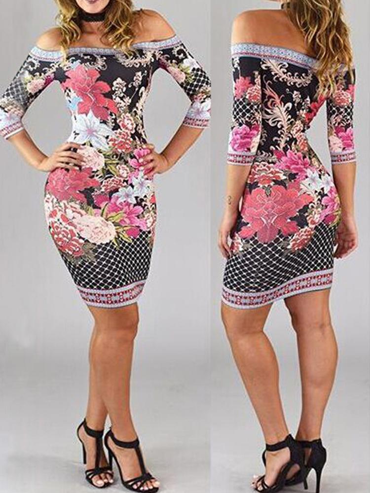 

Off Shoulder Floral Slinky Dress, Multicolor