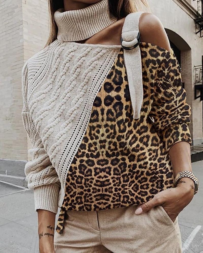 

High Neck Colorblock Leopard Cut Out Knitting Sweater