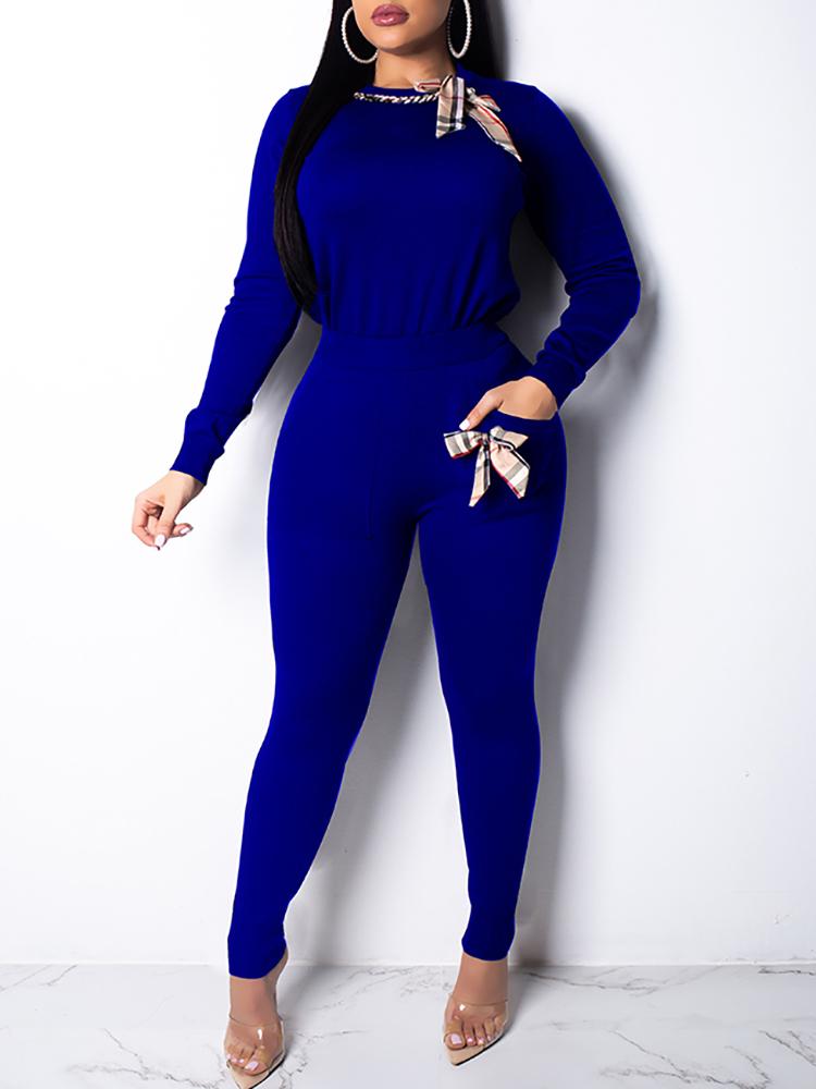 

Plaid Bow Design Pocket Tracksuits