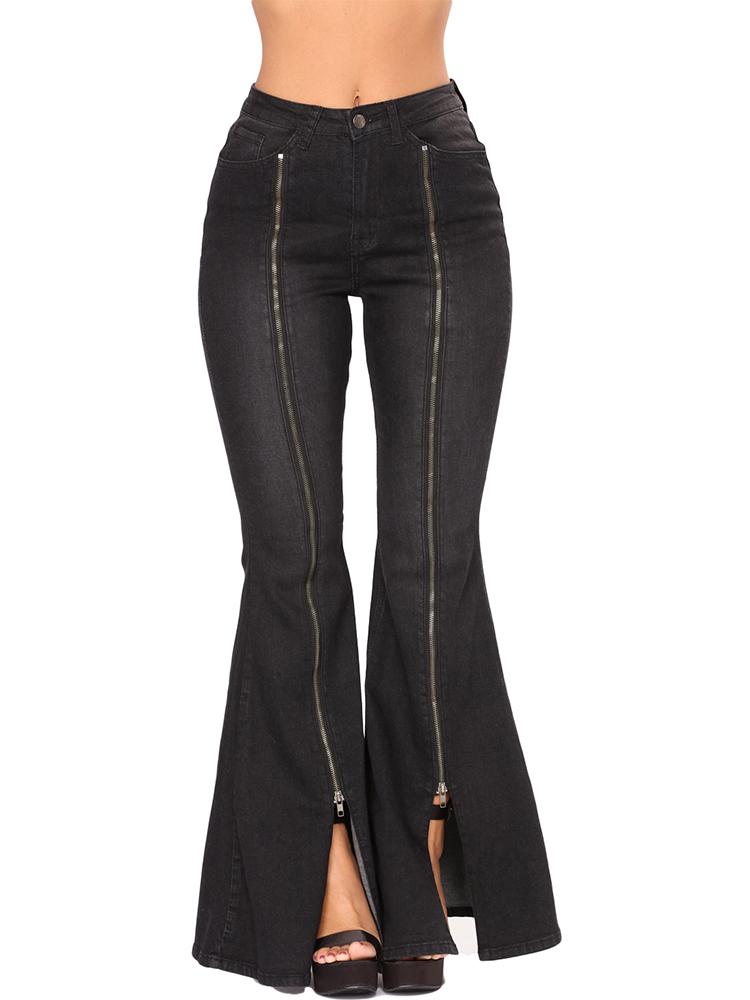 

Zipper Design Flared Leg Jeans, Black