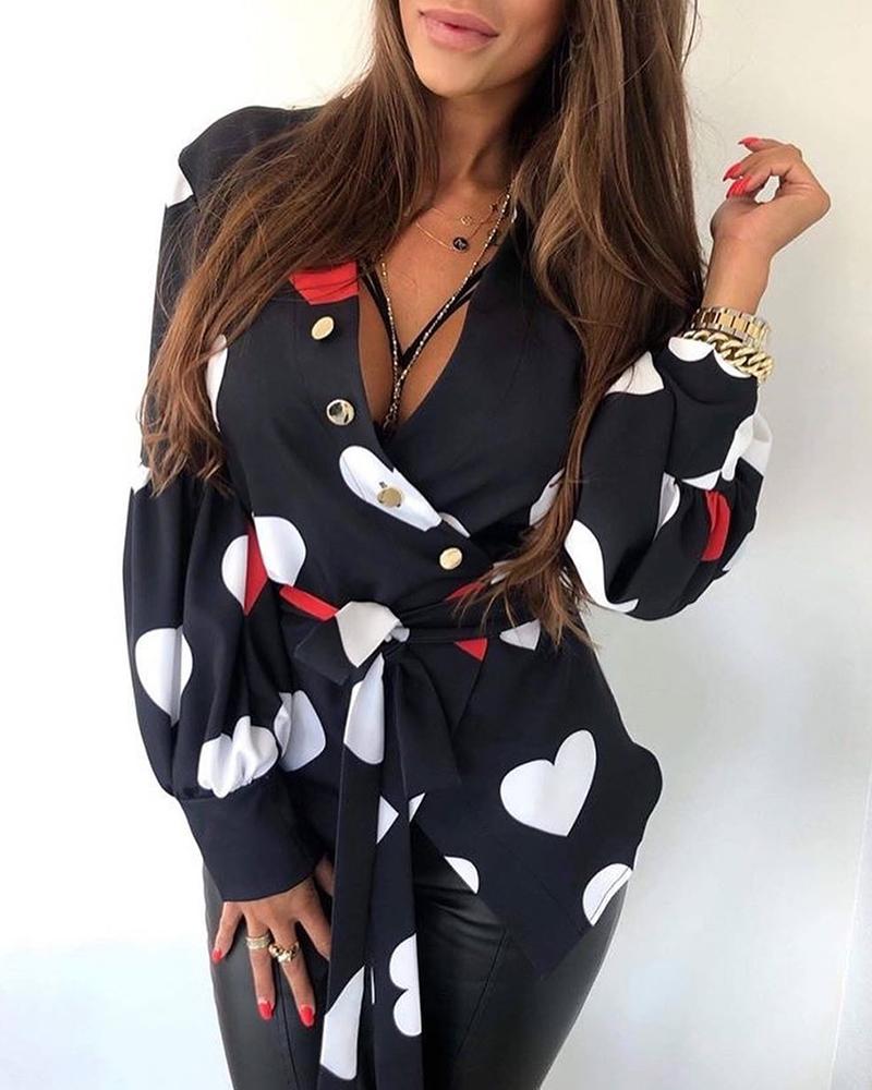 

Heart Print Tied Waist Casual Blouse, Black