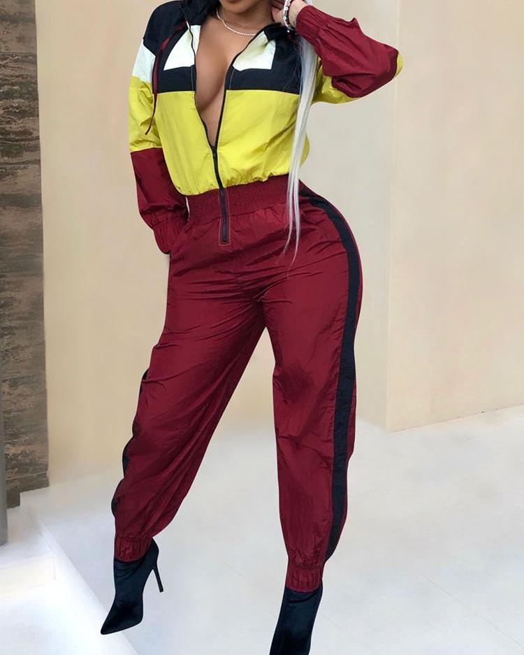 

Color Blocking Zipper Design Jumpsuits, Yellow