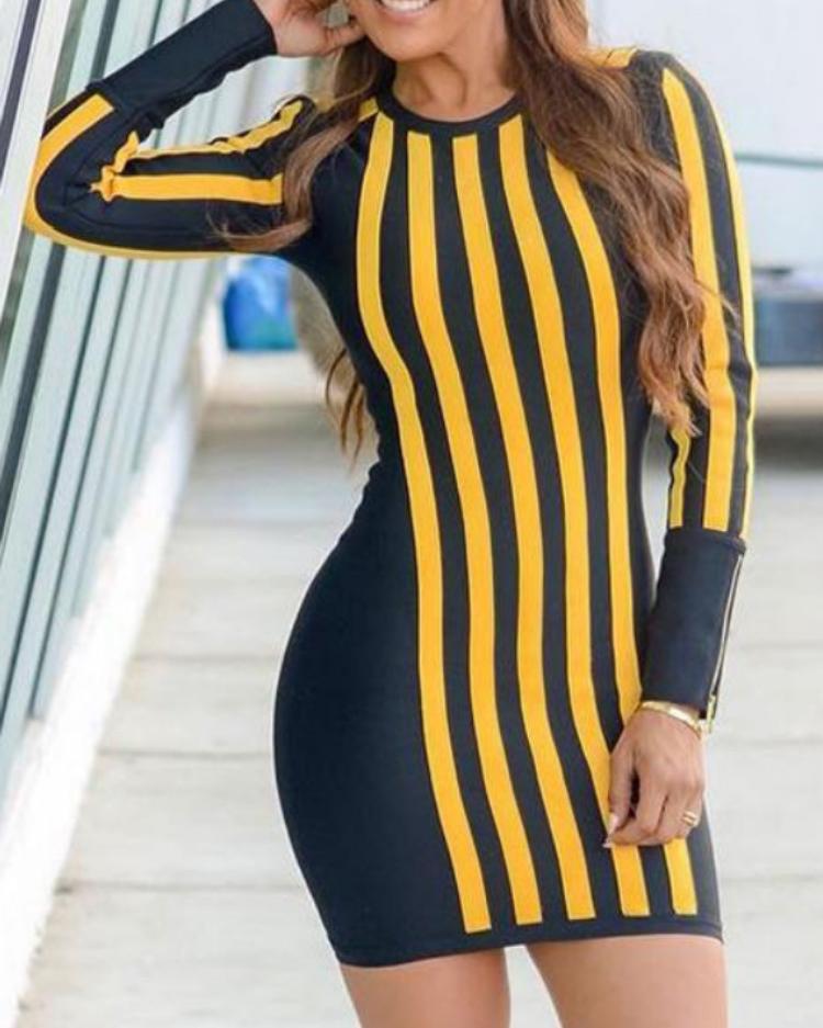 

Long Sleeve Striped Patchwork Bodycon Dress, Yellow
