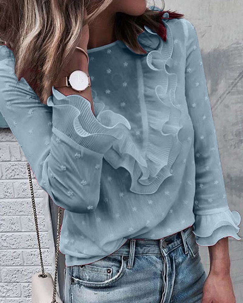 

Swiss Dot Ruffles Long Sleeve Blouse, Light blue