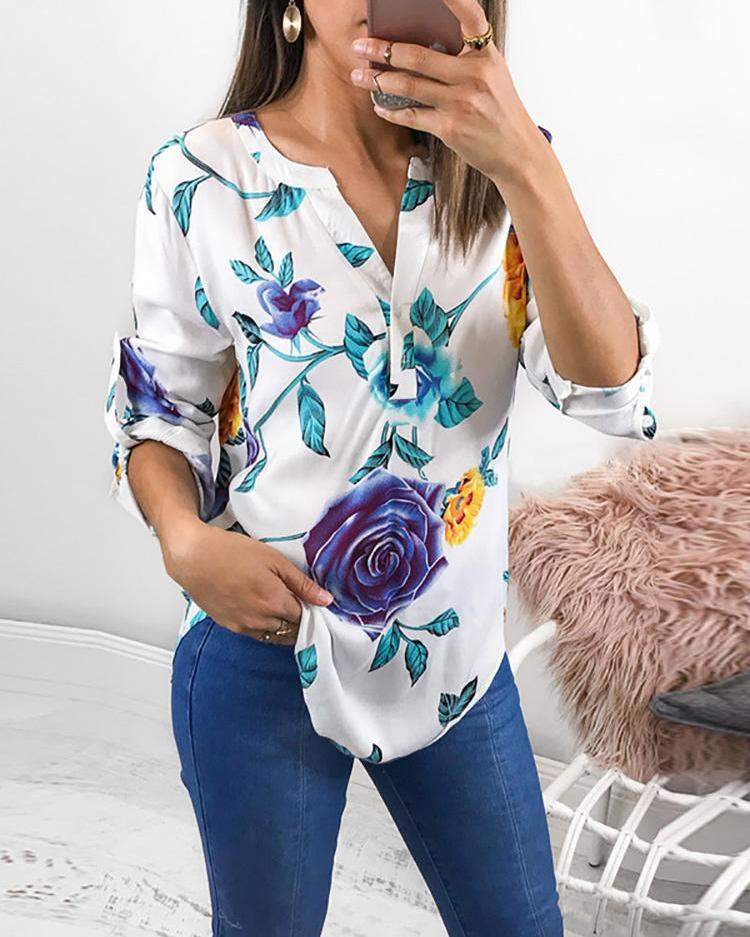 

Floral V-Neck Roll-up Sleeve Covered Hem Blouse