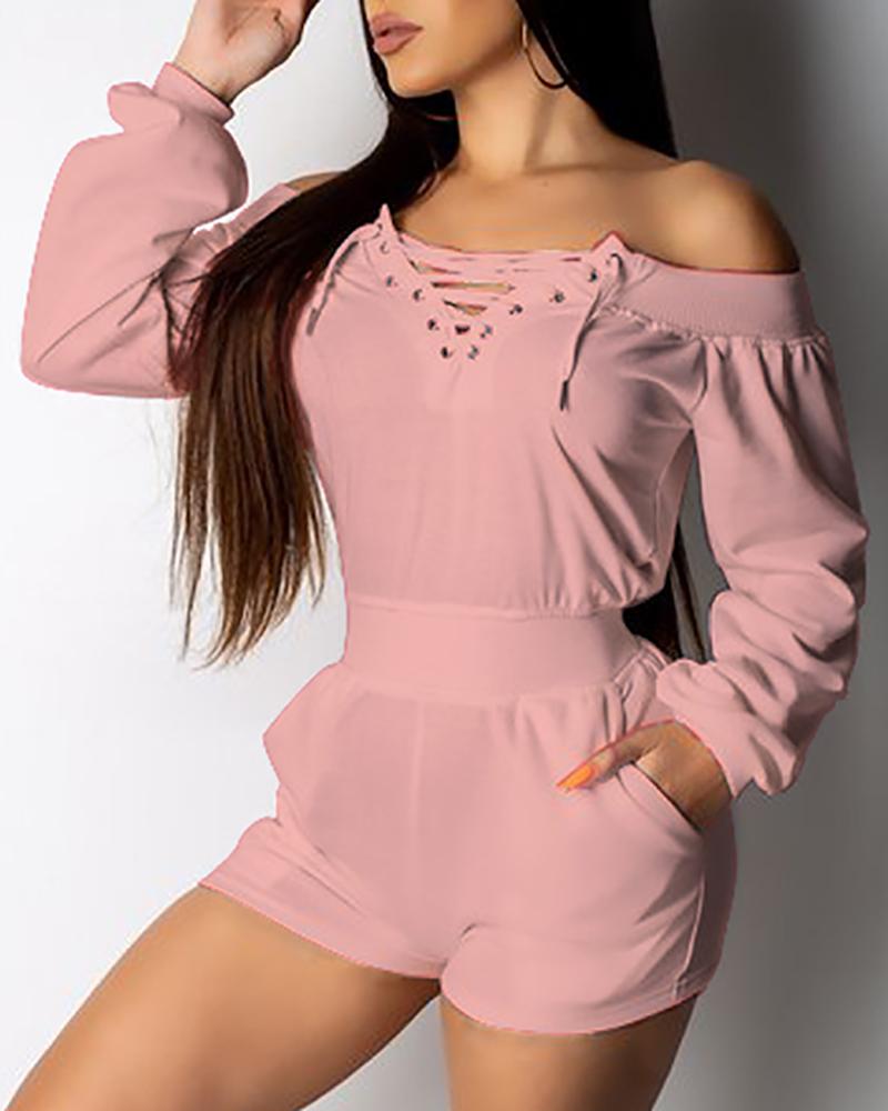 

Off Shoulder Eyelet Lace-Up Romper, Pink