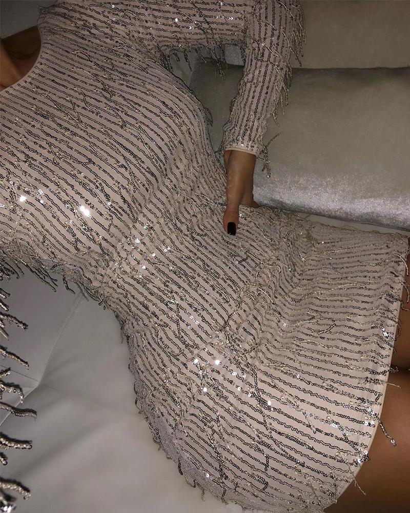 

Sequined Bodycon Long Sleeve Mini Dress, Apricot
