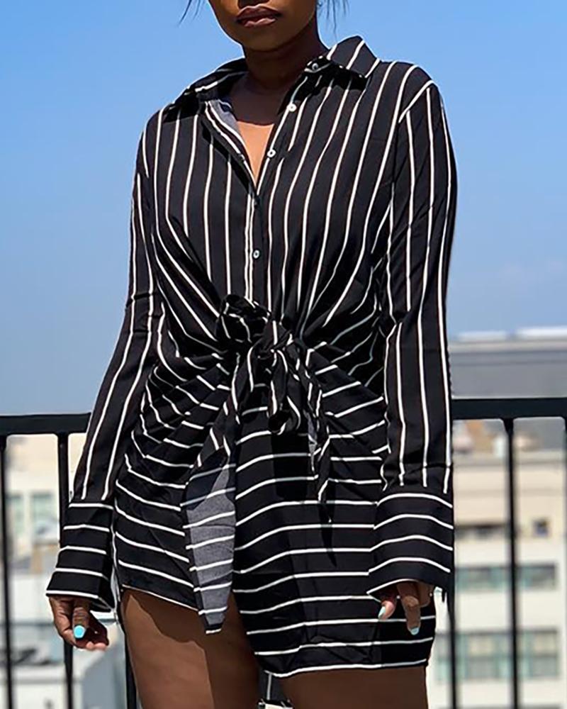 

Striped Long Sleeve Twisted Detail Shirt, Black