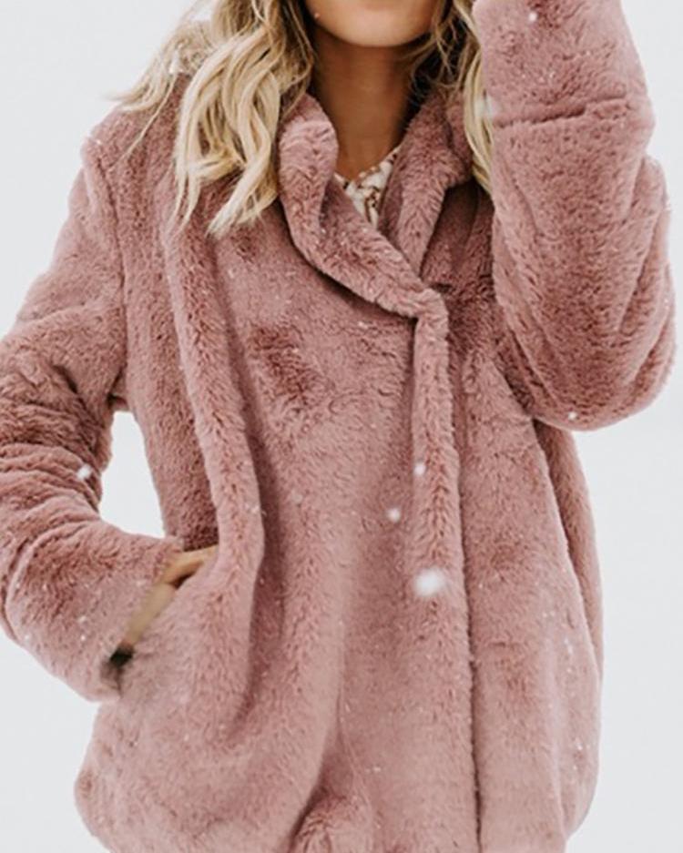 

Solid Fluffy Pocket Design Long Sleeve Coat, Red bean
