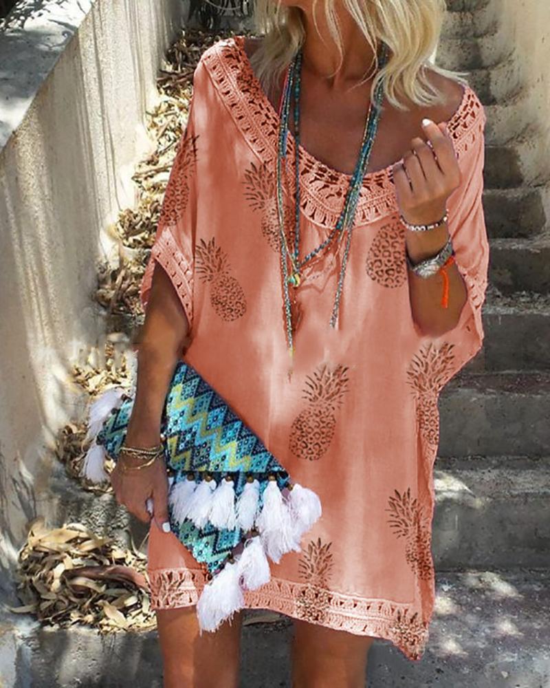 

Lace Trim Pineapple Print Hollow Out Dress, Orange