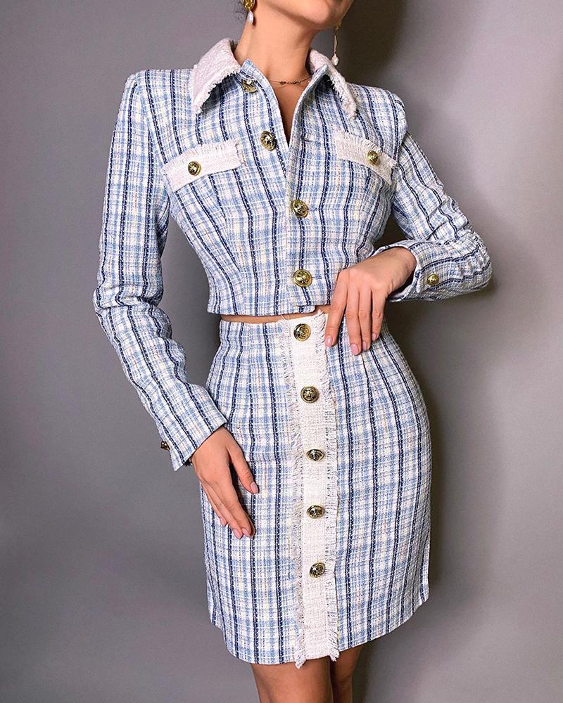 

Chic Plaid Long Sleeve Skirt Sets, Blue