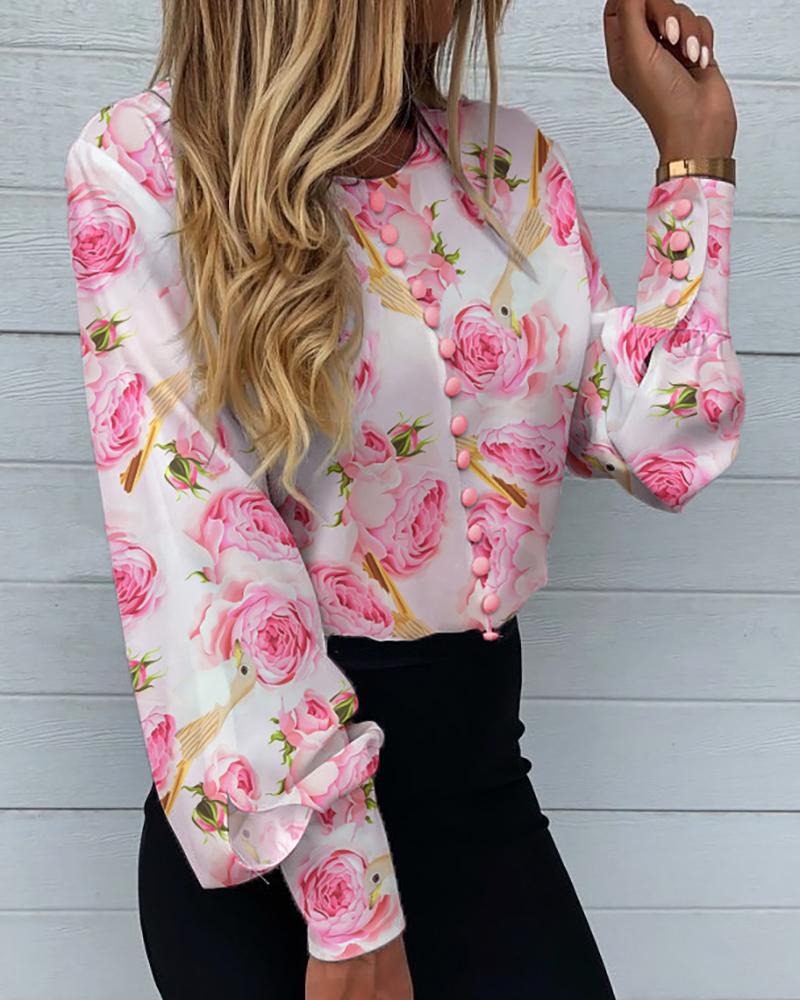 

Floral Print Button Design Lantern Sleeve Blouse, Pink