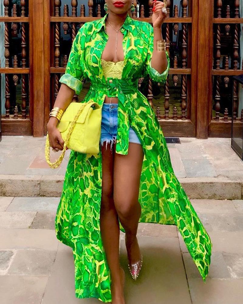 

Snakeskin Print Buttoned Longline Shirt, Green