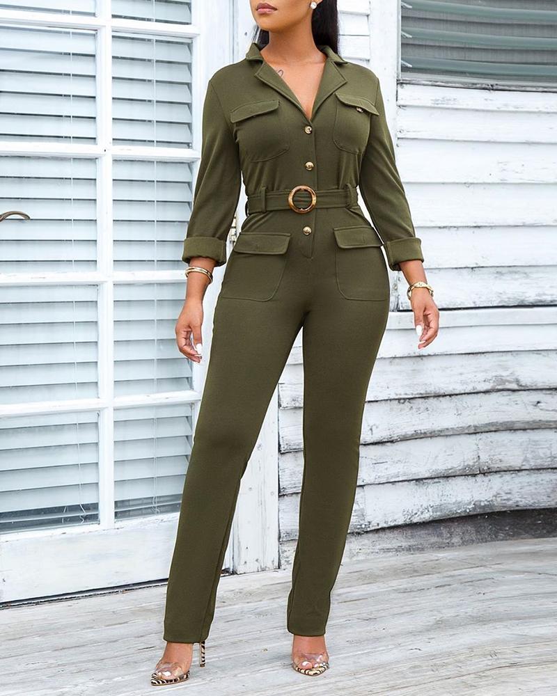 

Solid Buttoned Pocket Cargo Jumpsuit, Army green