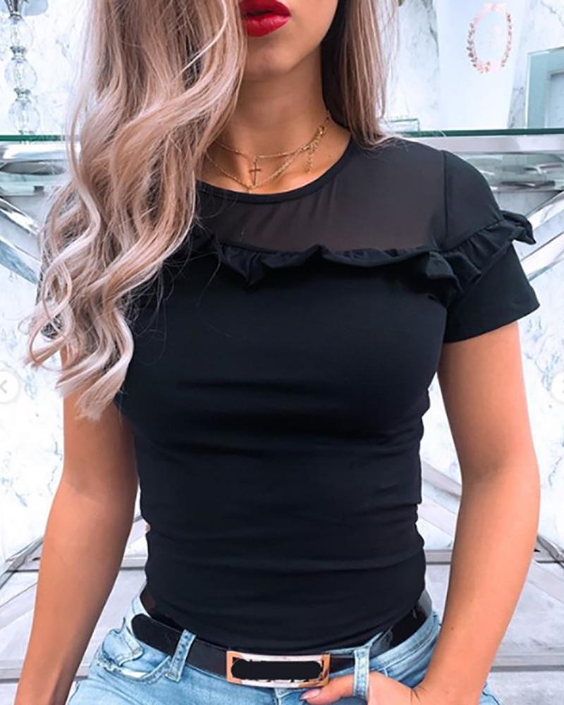 

Mesh Ruffles Detail Casual T-shirt, Black