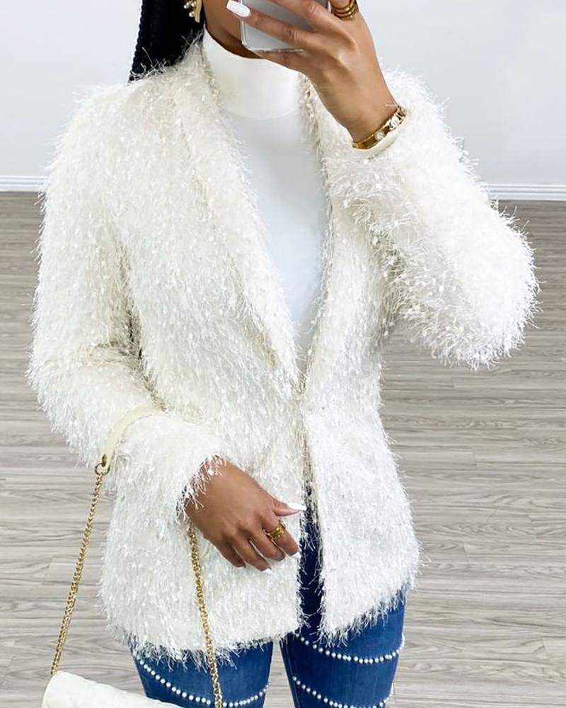 

Solid Fluffy Long Sleeve Coat, White