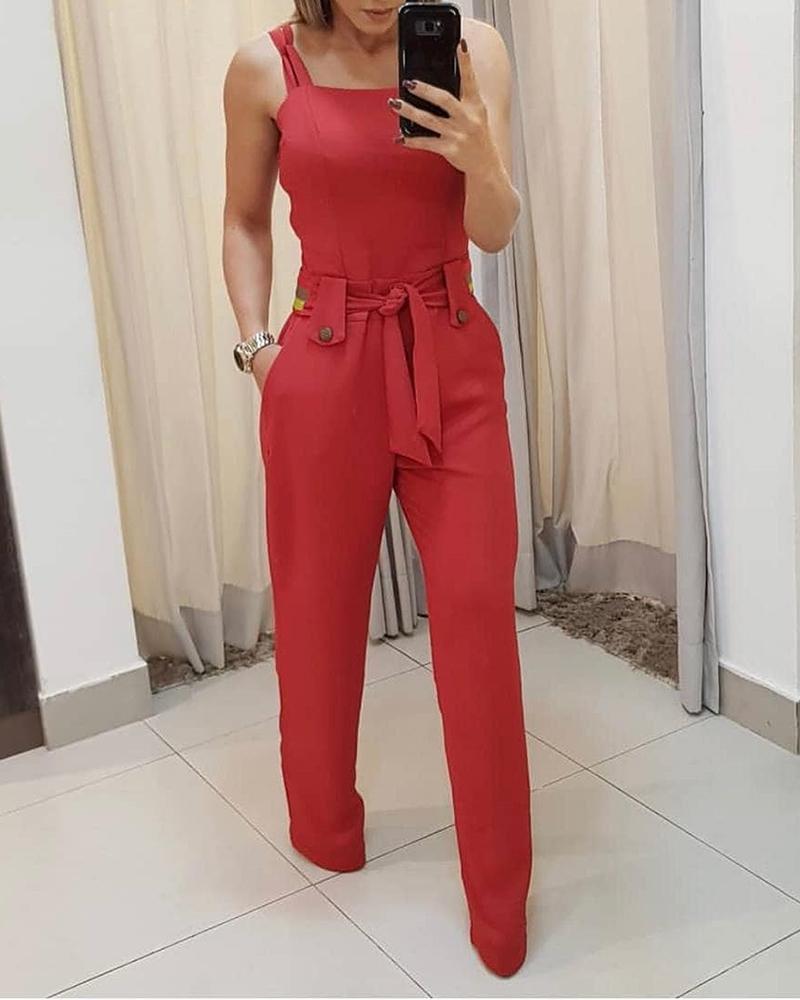 

Thin Strap Casual Top & High Waist Pants Set, Red