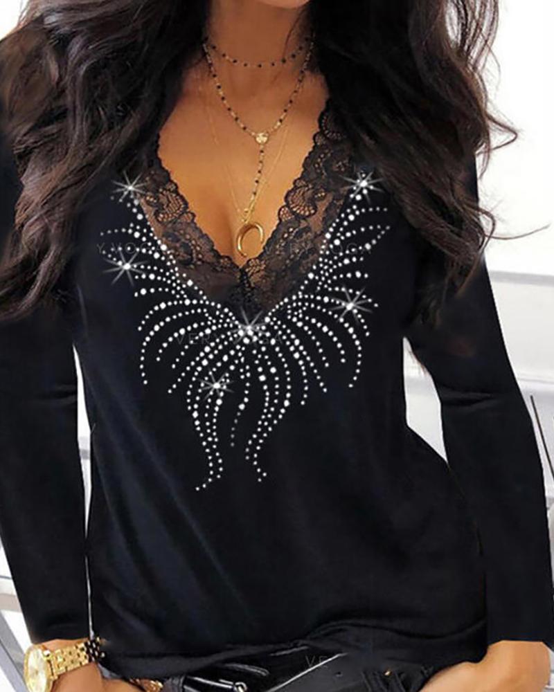 

Lace Trim Studded Long Sleeve Top, Black