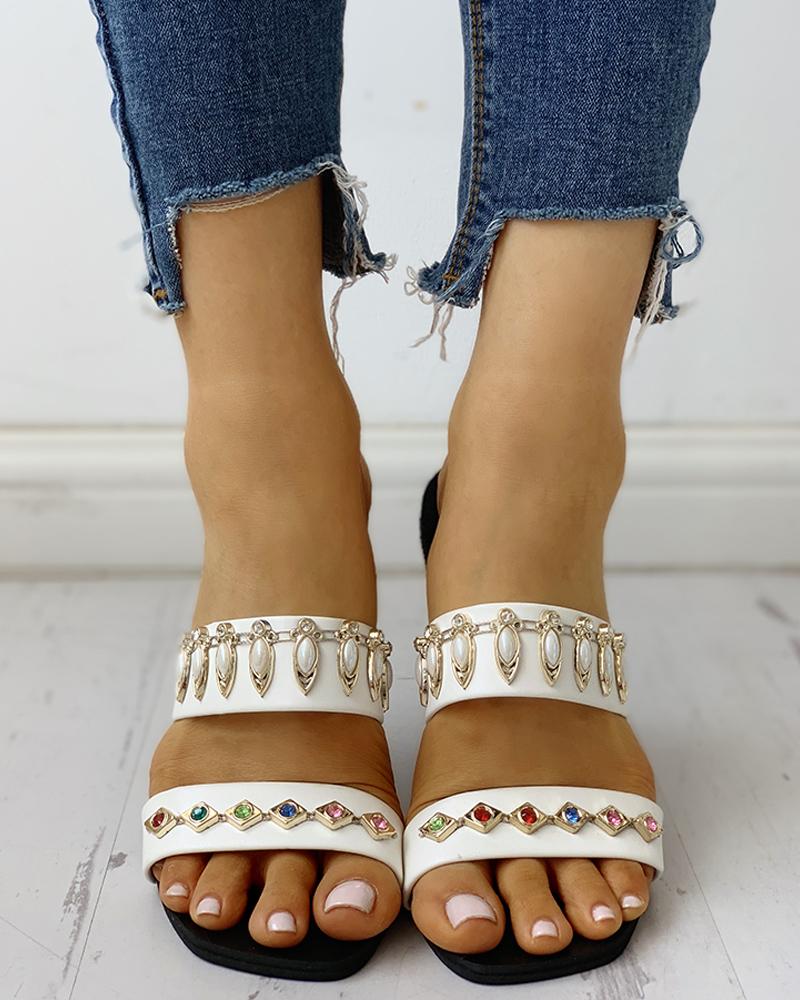 

Open Toe Studded Design Casual Sandals, White