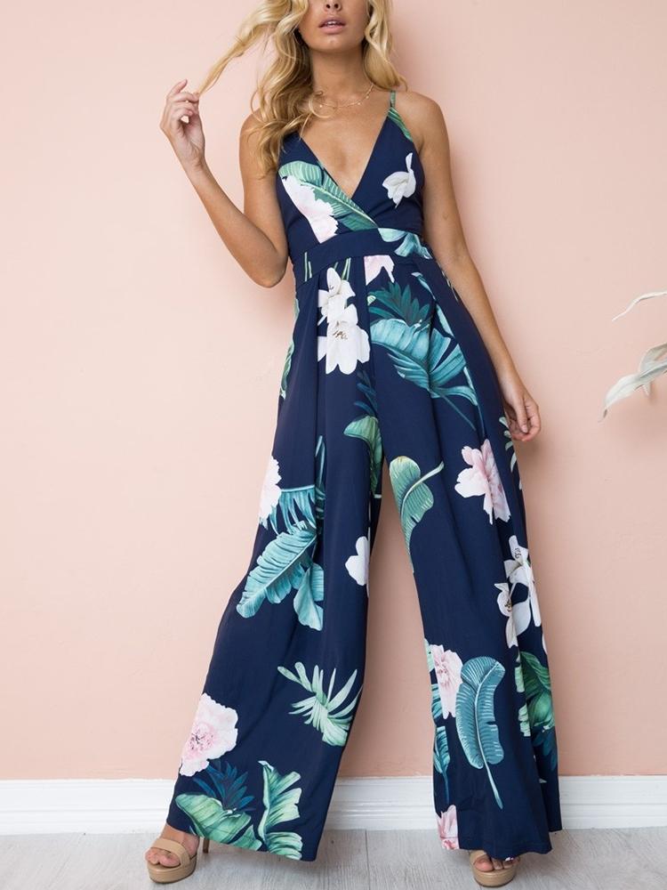 

Stylish Leaf Print Wrapped Wide Leg Jumpsuit