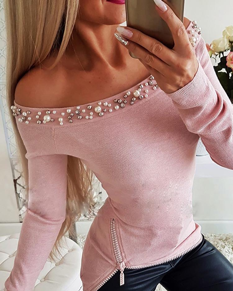 

Off Shoulder Beaded & Zipper Design Top, Pink