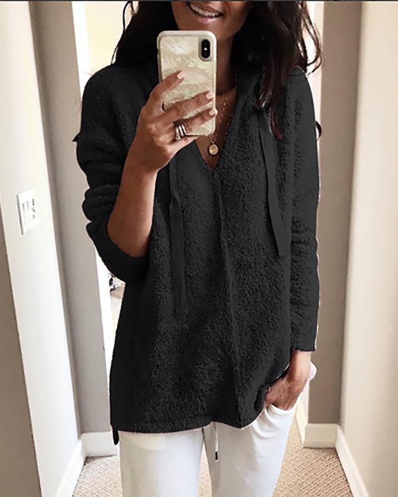 

Solid Fluffy Drawstring Design Casual Hoodie