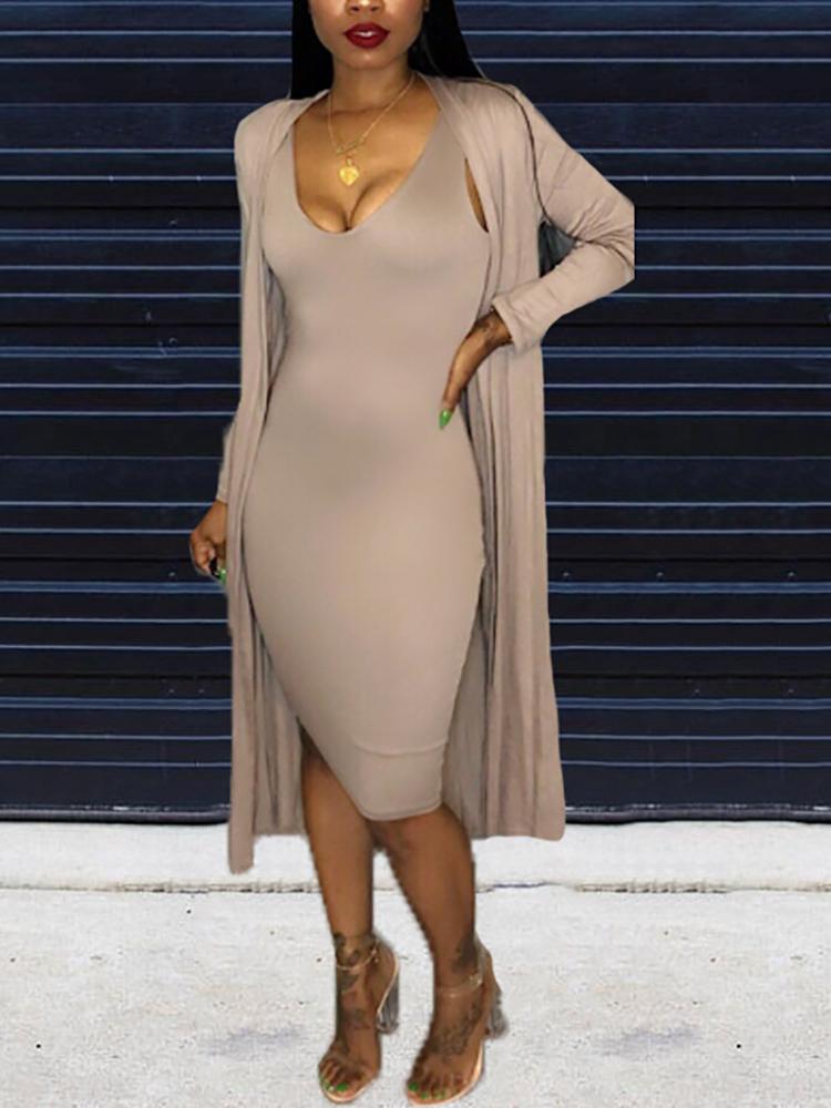 

Solid Low Cut Bodycon Dress With Longline Coat