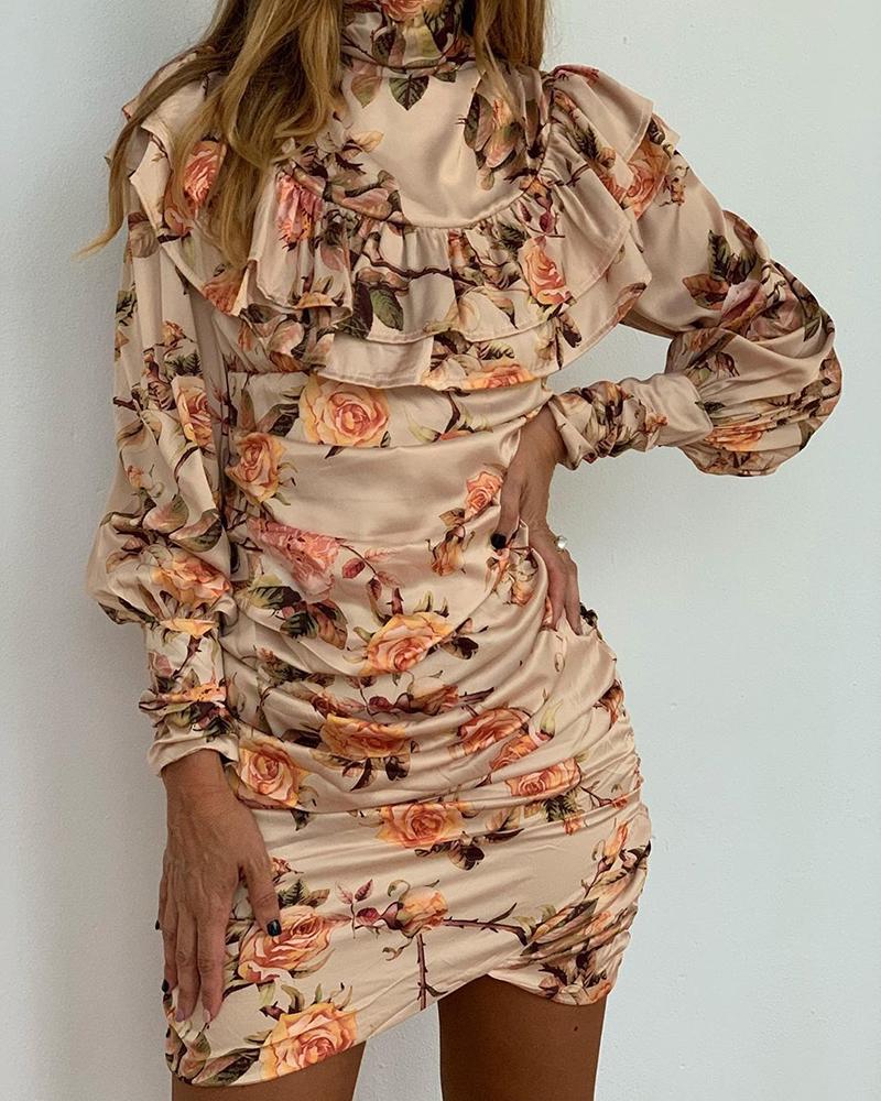 

High Neck Lantern Sleeve Floral Print Ruffles Bodycon Dress