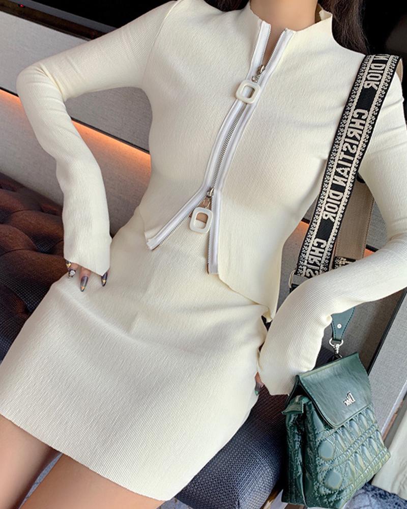 

Solid Long Sleeve Zipper Knitted Suit Sets, White