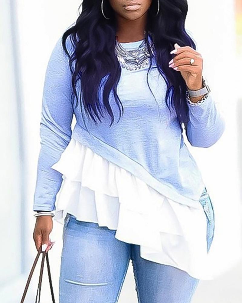 

Solid Patchwork Ruffles Irregular Hem Blouse, Blue