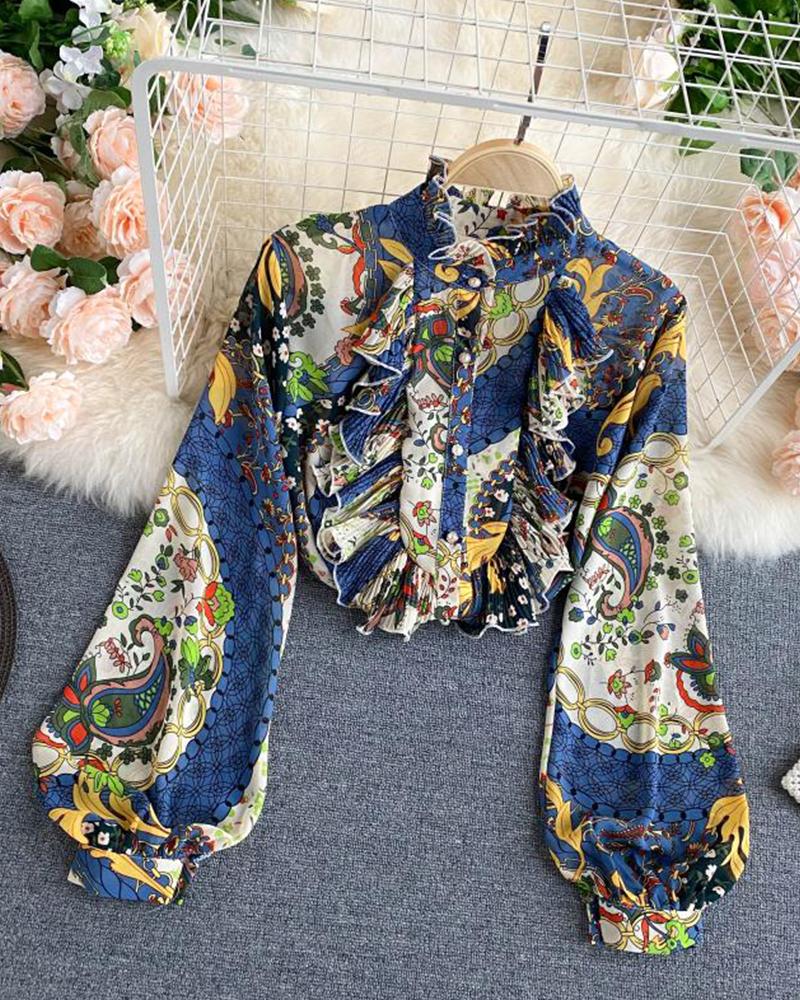 

All Over Print Long Sleeve Ruffle Hem Pleated Blouse, Blue