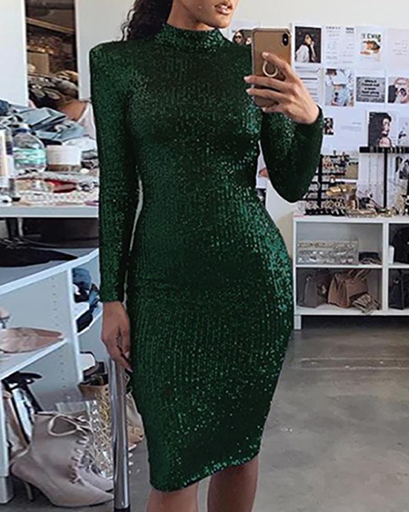 

Mock Neck Long Sleeve Sequin Dress, Green