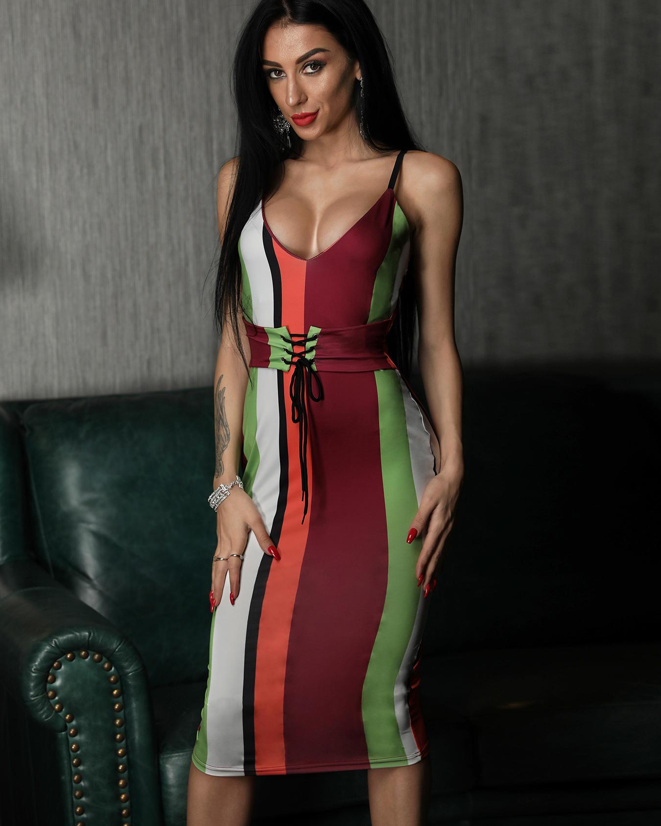 

Colorful Striped Tie Waist Slip Party Dress