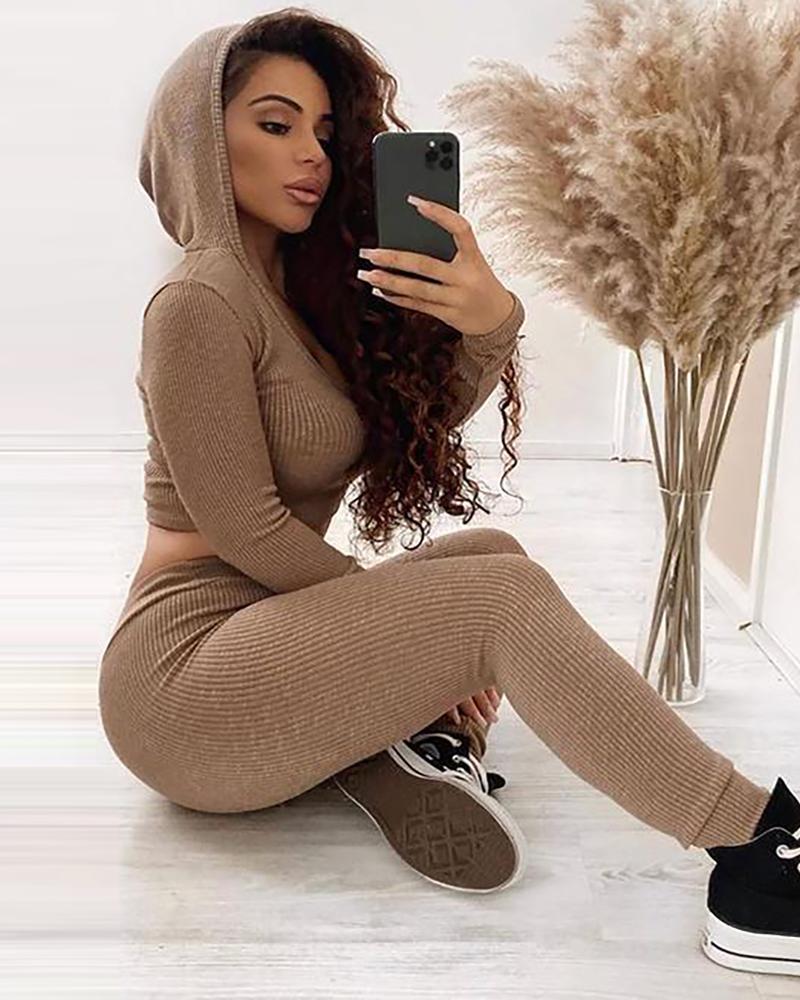 

Plain Ribbed Hooded Top & Drawstring Pants Set, Khaki