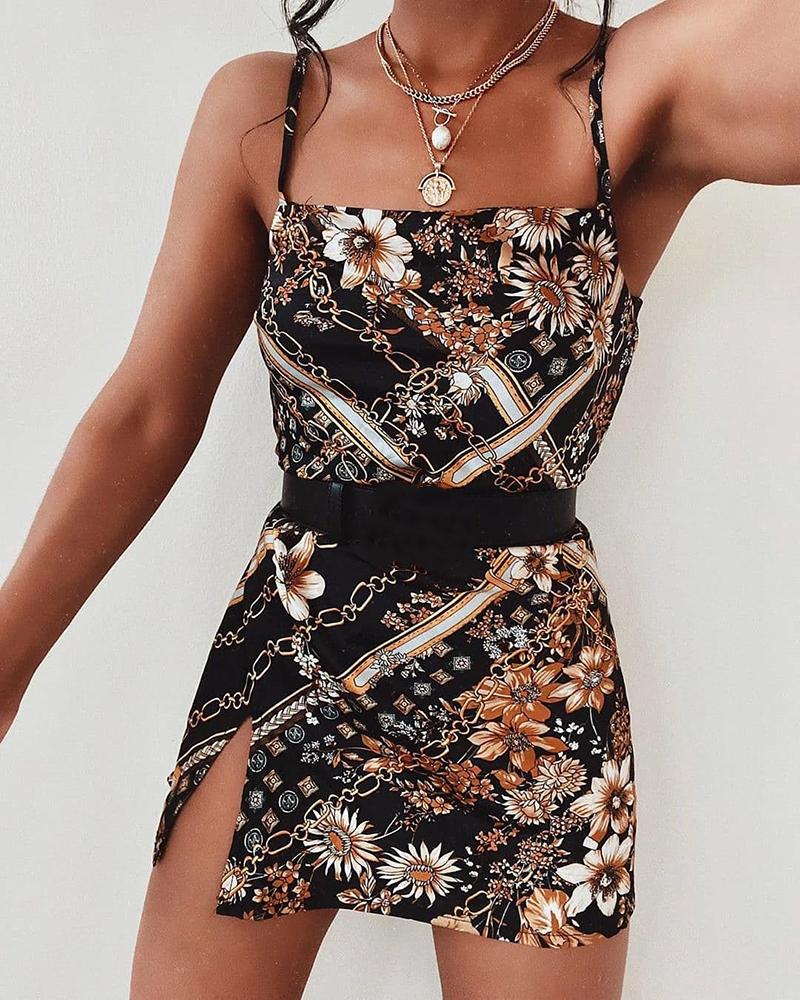 

Spaghetti Strap Chain Floral Print Slit Dress, Multicolor