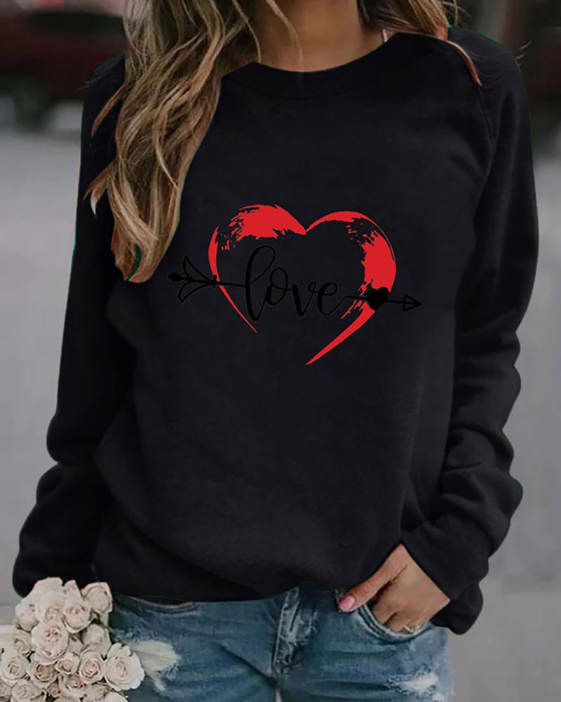 

Letter Heart Print Long Sleeve Sweatshirt, Black