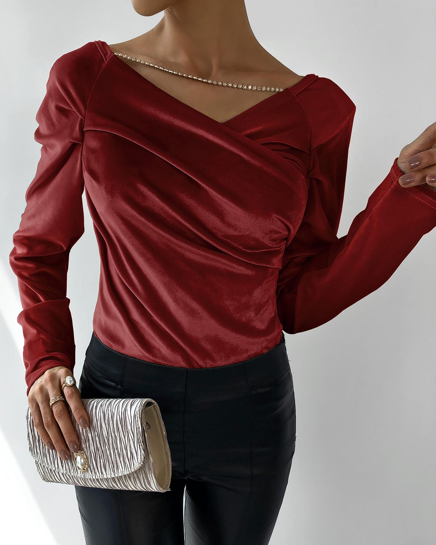 

Plain Cutout Long Sleeve Wrap Top, Red