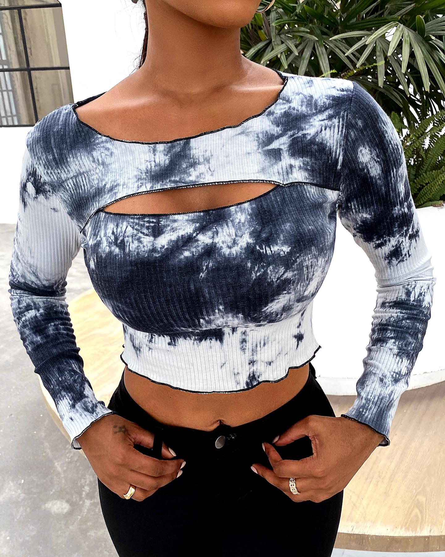 

Tie Dye Print Cutout Front Frill Hem Top, Dark grey