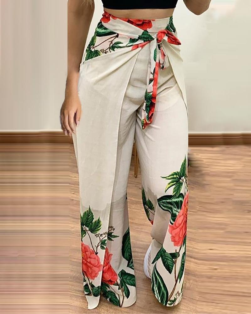 

Floral Print Tied Wide Leg Pant, White
