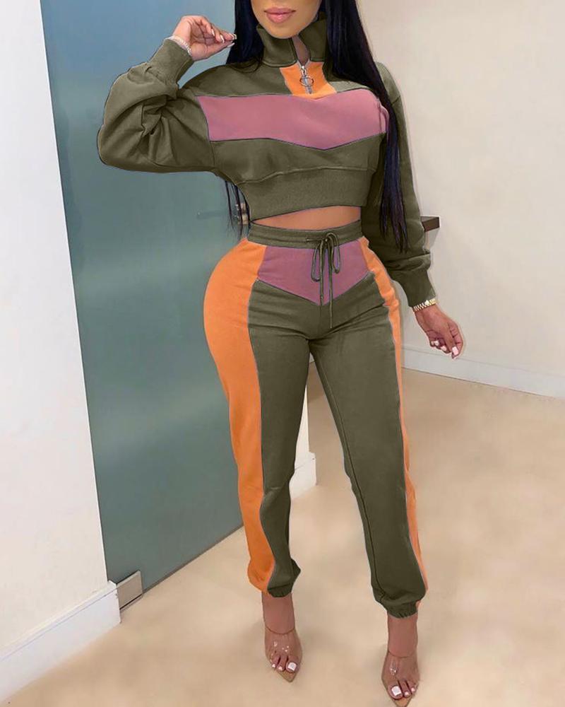 

Colorblock Insert Zipper Design Crop Top & Drawstring Pants Sets, Green