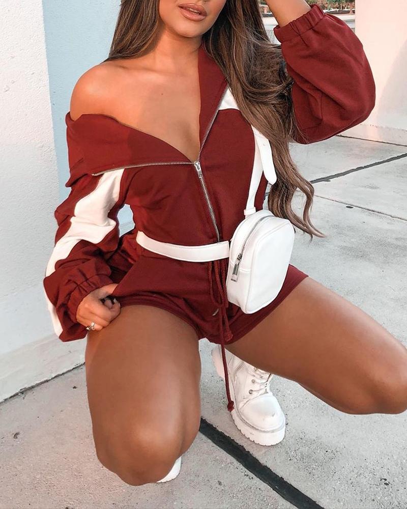 

Contrast Zip Front Hoodie & Shorts, Wine red