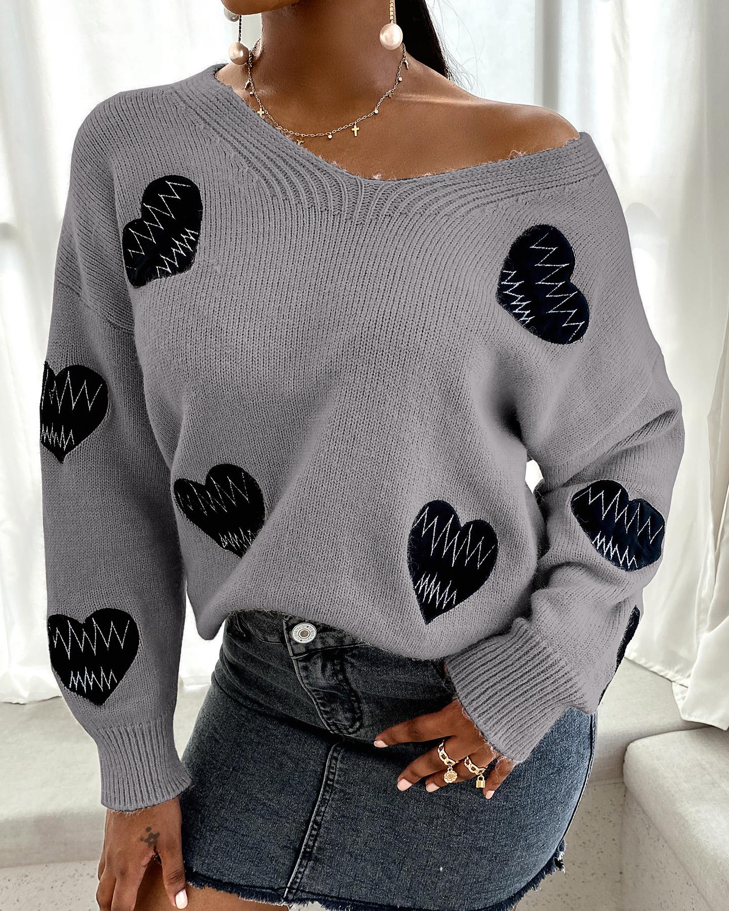 

Heart Pattern Long Sleeve Casual Knit Sweater, Gray