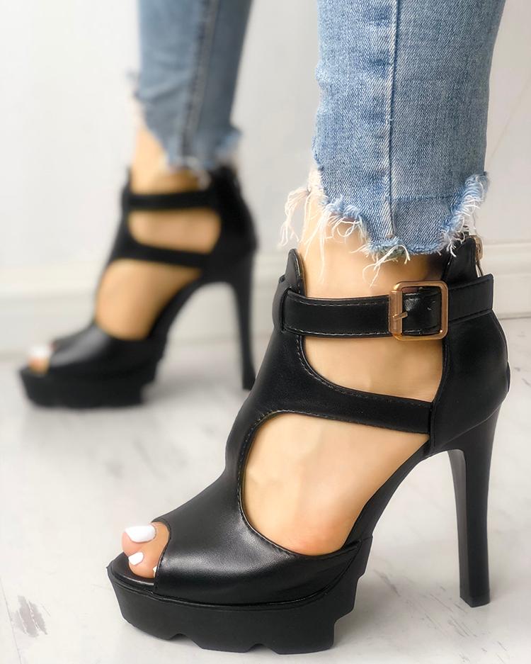 

Solid Peep Toe Cutout Buckled Thin Heels, Black